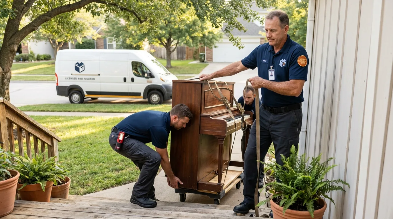 Licensed piano movers securing grand piano in Pearlington, MS