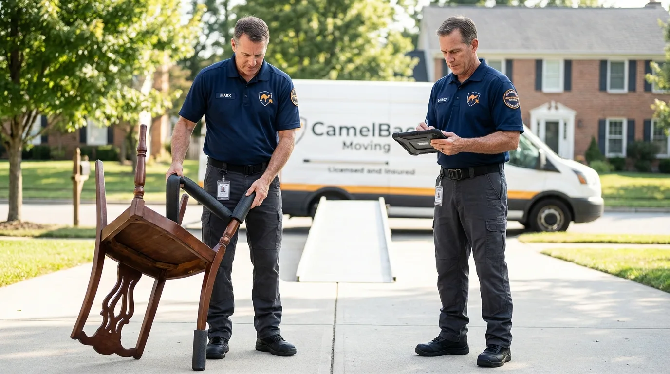 Movers inspecting furniture for damage prevention before loading in Pearlington, MS