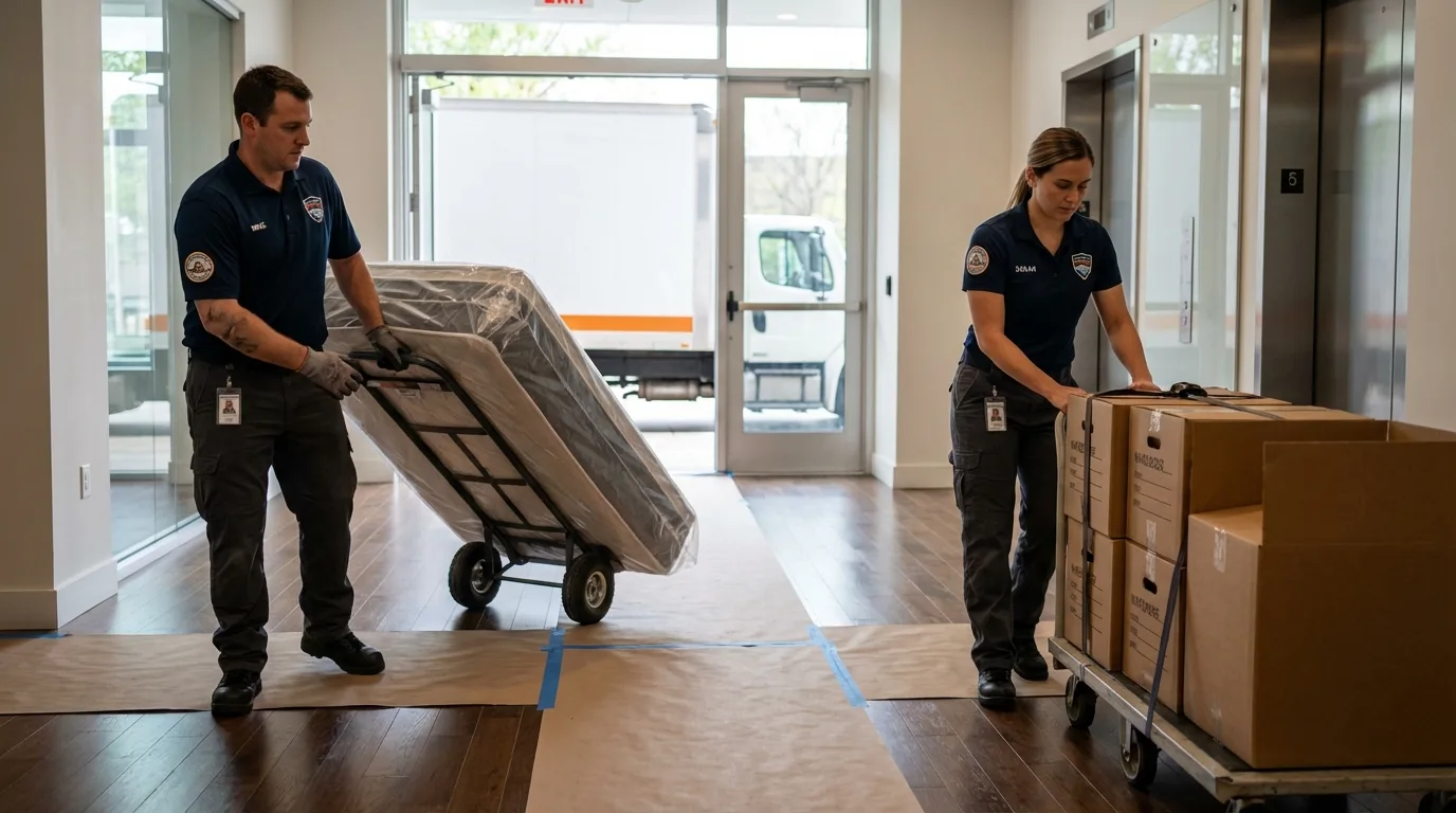Professional apartment movers loading elevator in Pearlington, MS