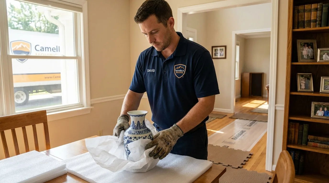 Professional crew carefully wrapping antique vase for senior downsizing move in Pearlington, MS